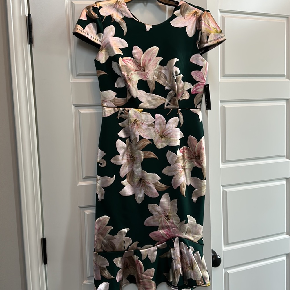 Enfocus Studio Dark Green Floral Sheath Dress with Pink and Cream Lilies